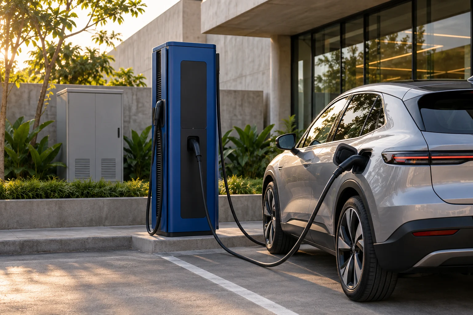 Ilustração de um veículo elétrico conectado a um carregador azul em um estacionamento contemporâneo